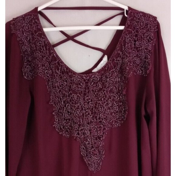 Charming Charlie Women's Burgandy/Maroon Blouse With Metallic Embroidery Large - Picture 3 of 7